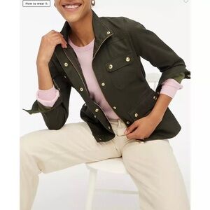 J Crew Field Jacket Womens XXS Green Brown Relaxed Boyfriend Zipper Snap Front